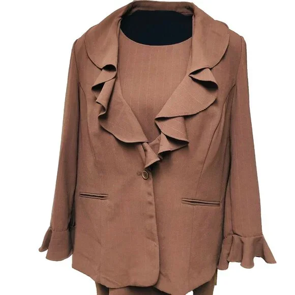 NWOT Jessica London 2 PC Brown Stripe Jacket Dress Suit Women's 22W Ruffle Lined